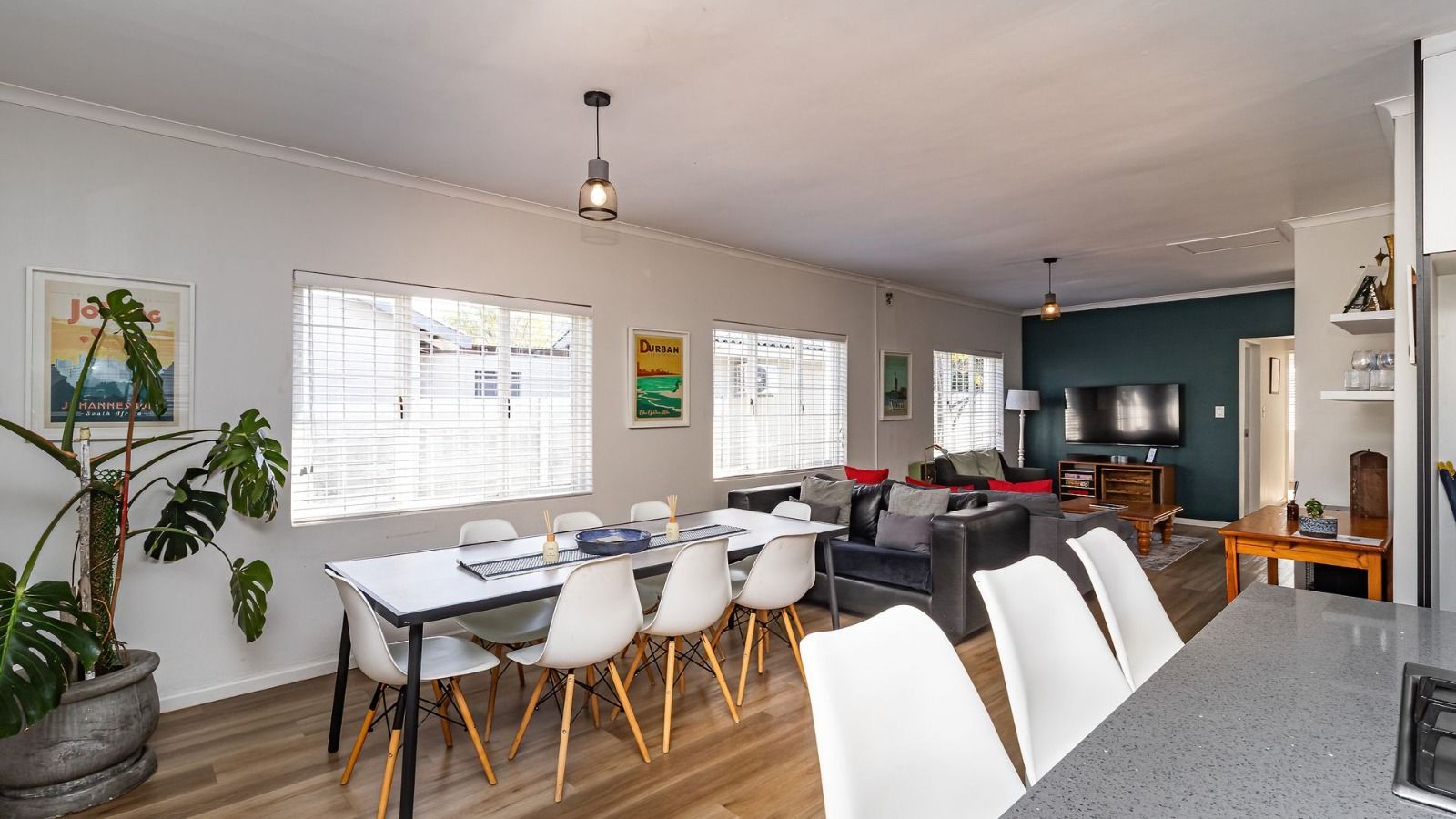 Open-plan living and dining area with Smart TV